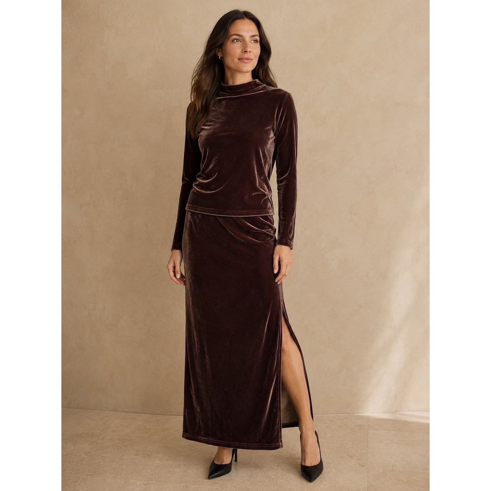 Double D Ranch Brown Velvet 2 Piece Set Mock Neck Top Maxi Skirt Side Slit XS